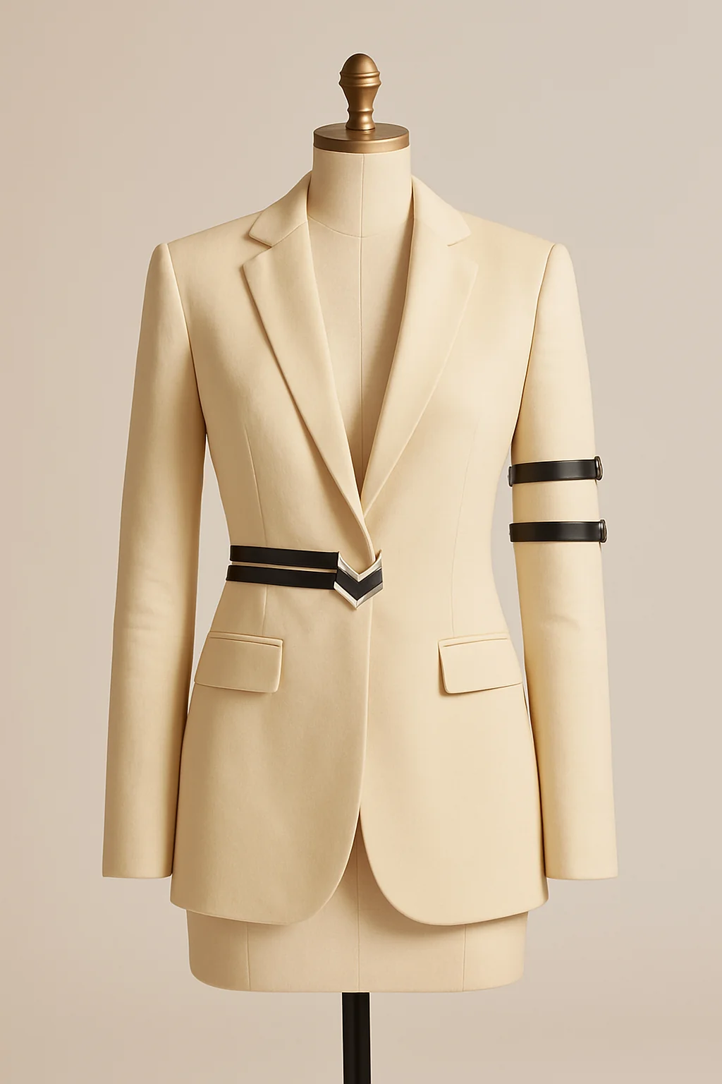 Cream blazer with black leather strap and buckle detail, custom made by HMN Alteration & Tailoring